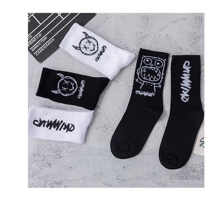 Men Women Socks Cotton Simplicity Anime Devil Grimace Harajuku Black White Graffiti Fashion Long Funny Hip Hop Sox Unisex medias