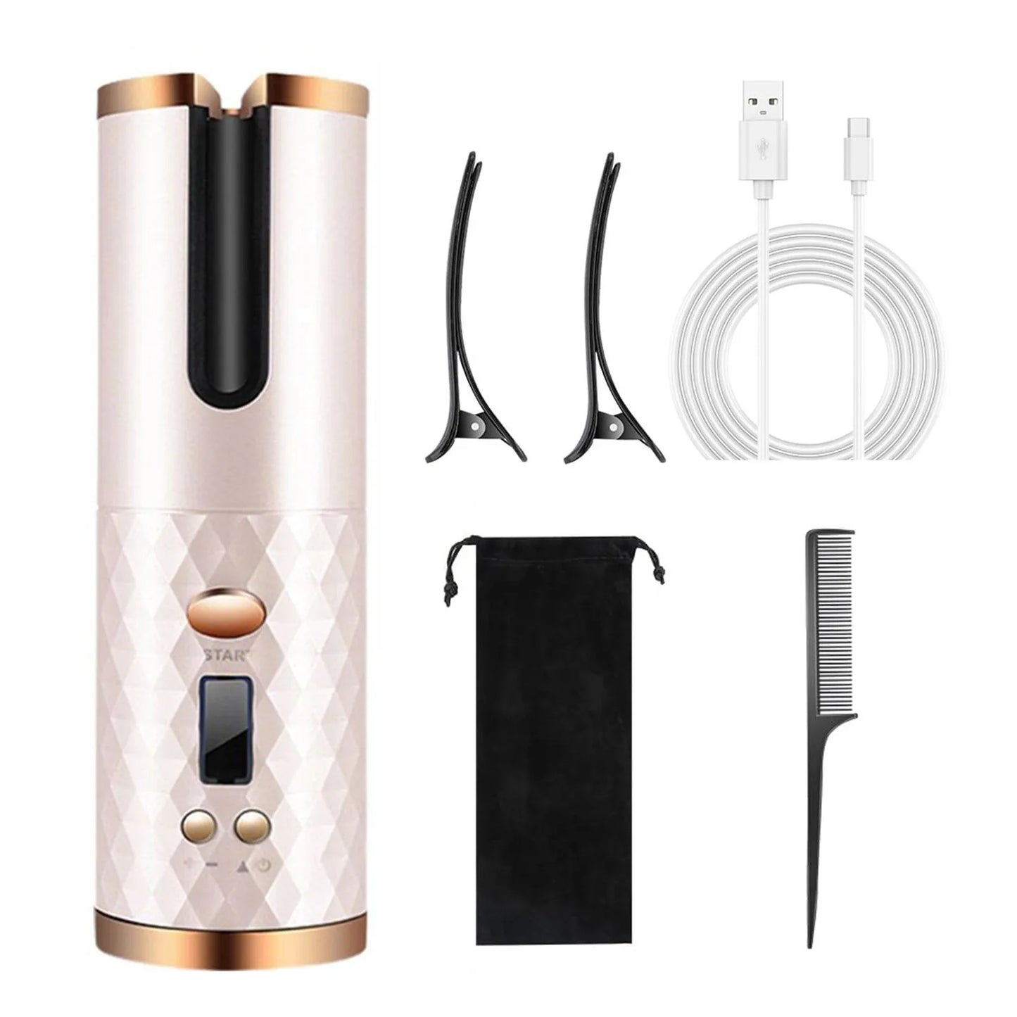 Cordless Auto Hair Curler, Curling Iron With LCD Display And Adjustable Temperature, Portable USB Rechargeable Hair Curler