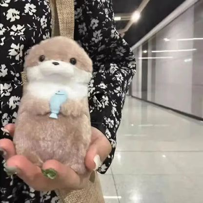 Japanese Kawaii Otters Holding Fish Plush Keyrings Lightweight Hanging Pendant Props For School Bag Key Wallet Toy Xmas Gifts