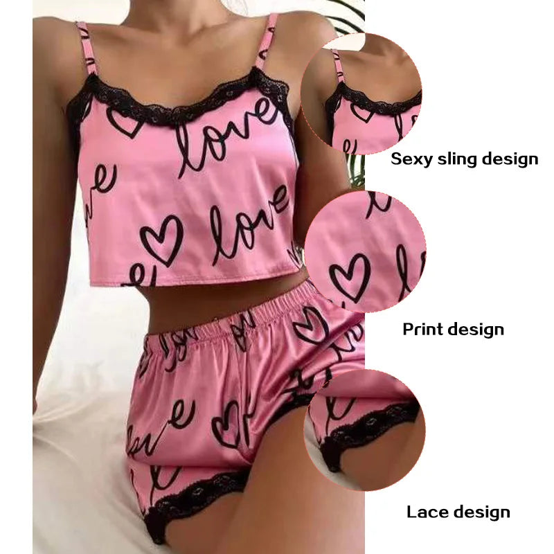 2 Pieces Set Women'S Pajama Shorts Suit Homewear Print Underwear Pijama Sexy Lingerie Camisoles Tanks Nighty Ladies Sleepwear