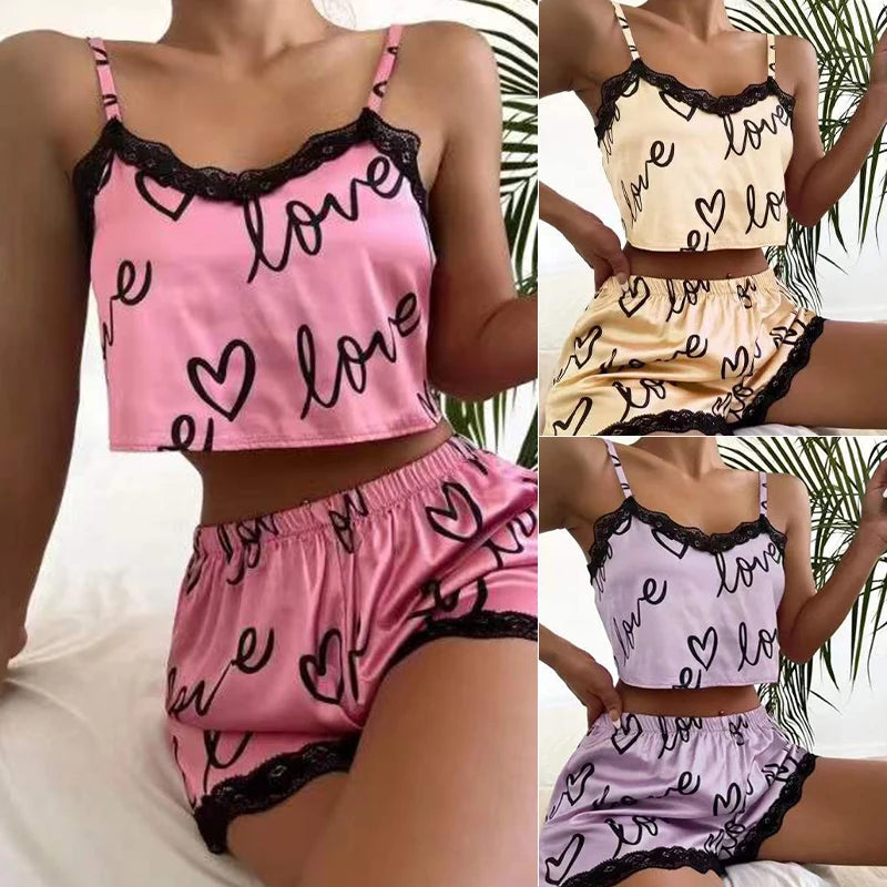 2 Pieces Set Women'S Pajama Shorts Suit Homewear Print Underwear Pijama Sexy Lingerie Camisoles Tanks Nighty Ladies Sleepwear