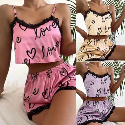 2 Pieces Set Women'S Pajama Shorts Suit Homewear Print Underwear Pijama Sexy Lingerie Camisoles Tanks Nighty Ladies Sleepwear