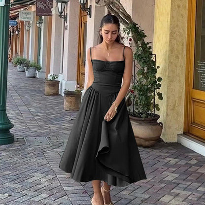 Elegant Spaghetti Strap Midi Dress Women Party Slim A Line Solid Suspender Lady Dresses New Spring Summer Fashion Sexy Vestidos