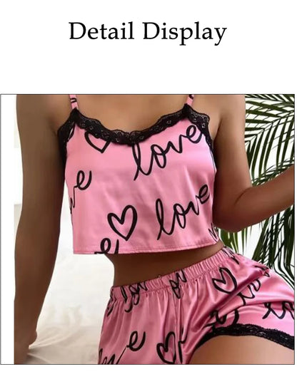 2 Pieces Set Women'S Pajama Shorts Suit Homewear Print Underwear Pijama Sexy Lingerie Camisoles Tanks Nighty Ladies Sleepwear