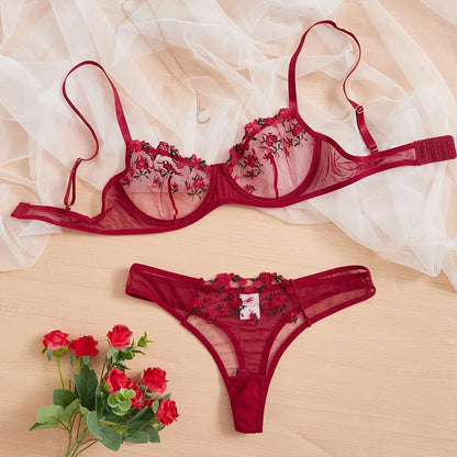 Sexy Lingerie Exquisite Embroidery Floral Ultra-thin Sexy Large Size Lingerie Ladies Lace Transparent Underwear Bra Set S-4XL