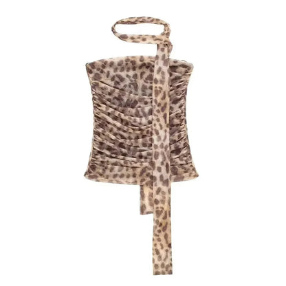 TRAF Leopard Mesh Tops Women Print Halter Top Woman Strapless Backless Top Sexy Lingerie Ladies Summer Top Off Shoulder Crop Top