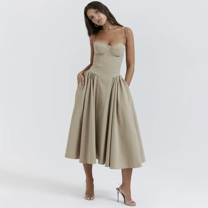 Mingmingxi Elegant Dress for Summer Pink Spaghetti Strap Midi Dress with Pocket Long Party Dresses Holiday Women Clothing