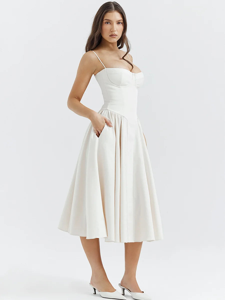 Mingmingxi Elegant Dress for Summer Pink Spaghetti Strap Midi Dress with Pocket Long Party Dresses Holiday Women Clothing