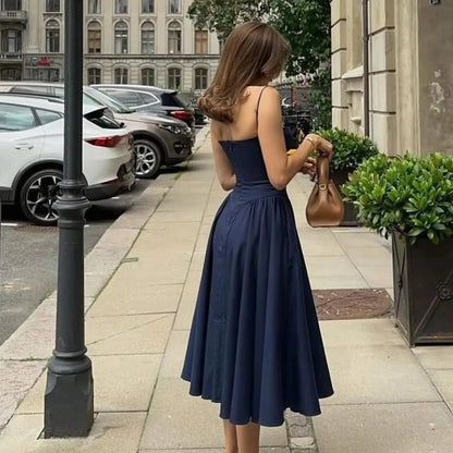 Mingmingxi Elegant Dress for Summer Pink Spaghetti Strap Midi Dress with Pocket Long Party Dresses Holiday Women Clothing