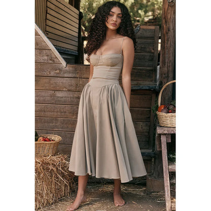 Mingmingxi Elegant Dress for Summer Pink Spaghetti Strap Midi Dress with Pocket Long Party Dresses Holiday Women Clothing