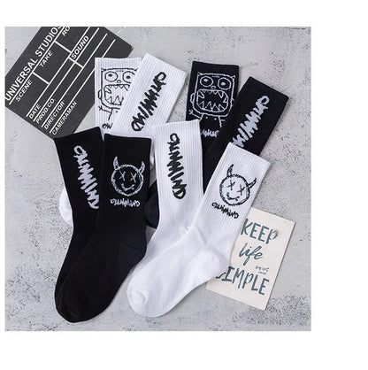 Men Women Socks Cotton Simplicity Anime Devil Grimace Harajuku Black White Graffiti Fashion Long Funny Hip Hop Sox Unisex medias