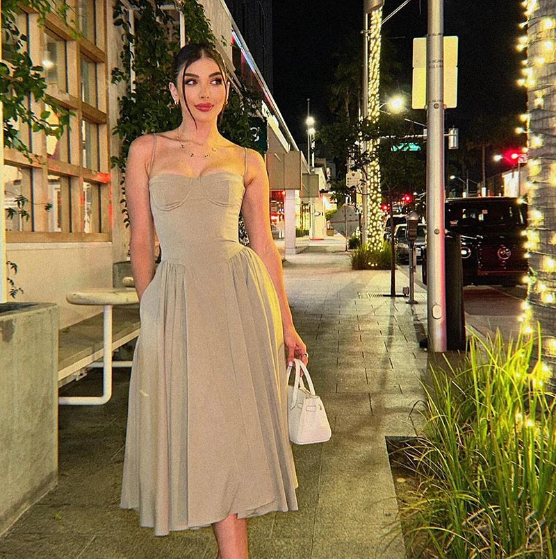Elegant Spaghetti Strap Midi Dress Women Party Slim A Line Solid Suspender Lady Dresses New Spring Summer Fashion Sexy Vestidos