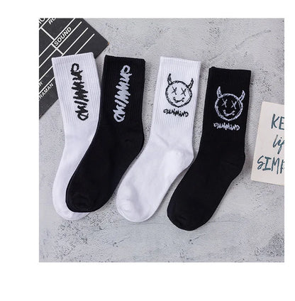 Men Women Socks Cotton Simplicity Anime Devil Grimace Harajuku Black White Graffiti Fashion Long Funny Hip Hop Sox Unisex medias