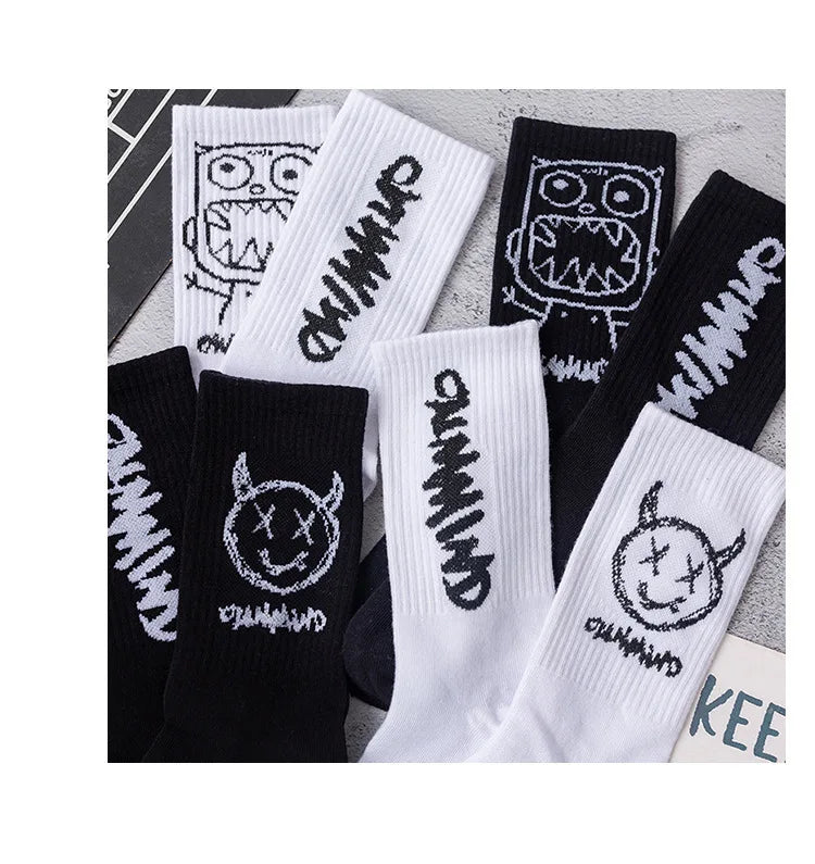 Men Women Socks Cotton Simplicity Anime Devil Grimace Harajuku Black White Graffiti Fashion Long Funny Hip Hop Sox Unisex medias