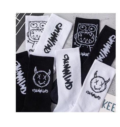 Men Women Socks Cotton Simplicity Anime Devil Grimace Harajuku Black White Graffiti Fashion Long Funny Hip Hop Sox Unisex medias