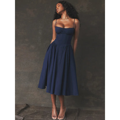 Mingmingxi Elegant Dress for Summer Pink Spaghetti Strap Midi Dress with Pocket Long Party Dresses Holiday Women Clothing