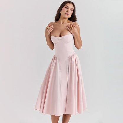 Mingmingxi Elegant Dress for Summer Pink Spaghetti Strap Midi Dress with Pocket Long Party Dresses Holiday Women Clothing