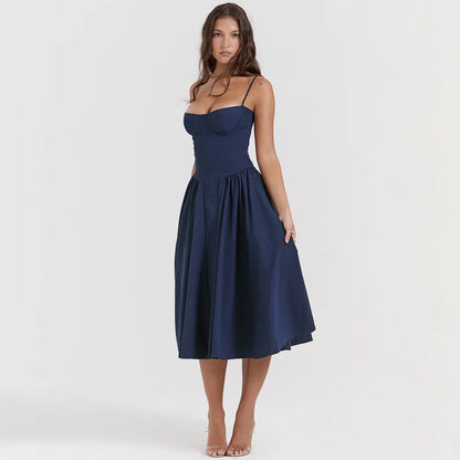 Mingmingxi Elegant Dress for Summer Pink Spaghetti Strap Midi Dress with Pocket Long Party Dresses Holiday Women Clothing