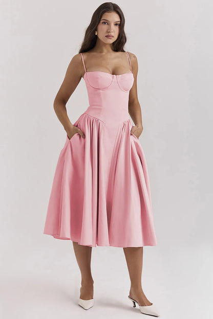 Elegant Spaghetti Strap Midi Dress Women Party Slim A Line Solid Suspender Lady Dresses New Spring Summer Fashion Sexy Vestidos