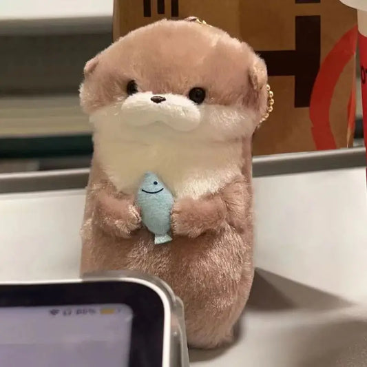 Japanese Kawaii Otters Holding Fish Plush Keyrings Lightweight Hanging Pendant Props For School Bag Key Wallet Toy Xmas Gifts