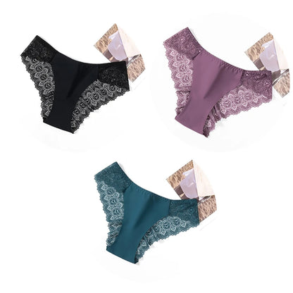TrowBridge 3PCS/Set Sweet Women's Panties Silk Satin Underwear Lace Sexy Lingerie Girls Breathable Briefs Soft Comfortable Panty