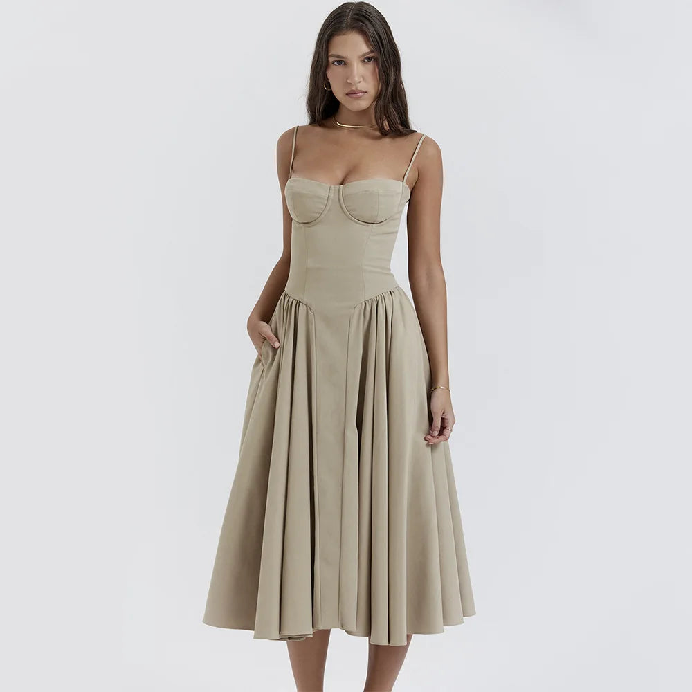 Mingmingxi Elegant Dress for Summer Pink Spaghetti Strap Midi Dress with Pocket Long Party Dresses Holiday Women Clothing