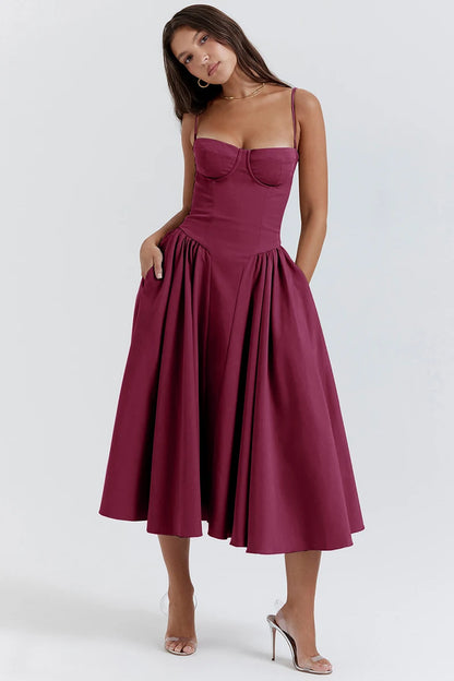 Elegant Spaghetti Strap Midi Dress Women Party Slim A Line Solid Suspender Lady Dresses New Spring Summer Fashion Sexy Vestidos