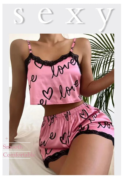 2 Pieces Set Women'S Pajama Shorts Suit Homewear Print Underwear Pijama Sexy Lingerie Camisoles Tanks Nighty Ladies Sleepwear
