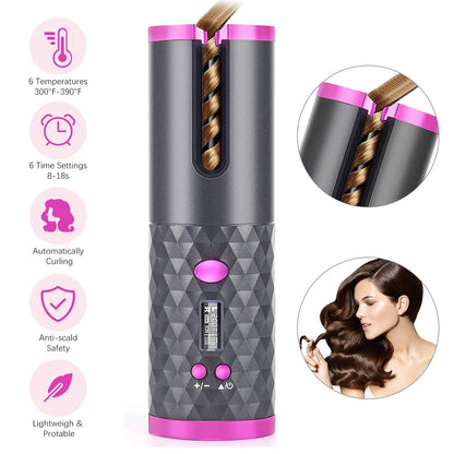 Cordless Auto Hair Curler, Curling Iron With LCD Display And Adjustable Temperature, Portable USB Rechargeable Hair Curler