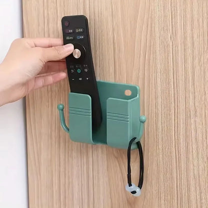 1pc Adhesive Wall Mount Phone Holder With Hooks, Storage Box For Mobile Phone Remote Control, Storage Box For Bedroom, Kitchen