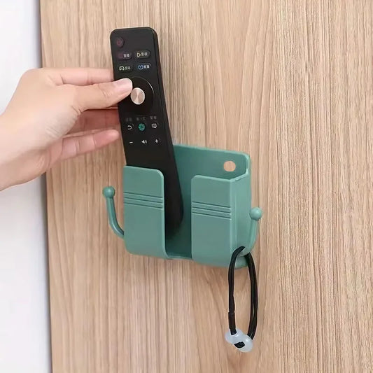 1pc Adhesive Wall Mount Phone Holder With Hooks, Storage Box For Mobile Phone Remote Control, Storage Box For Bedroom, Kitchen