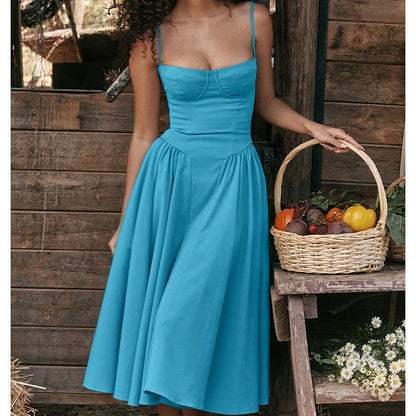 Elegant Spaghetti Strap Midi Dress Women Party Slim A Line Solid Suspender Lady Dresses New Spring Summer Fashion Sexy Vestidos