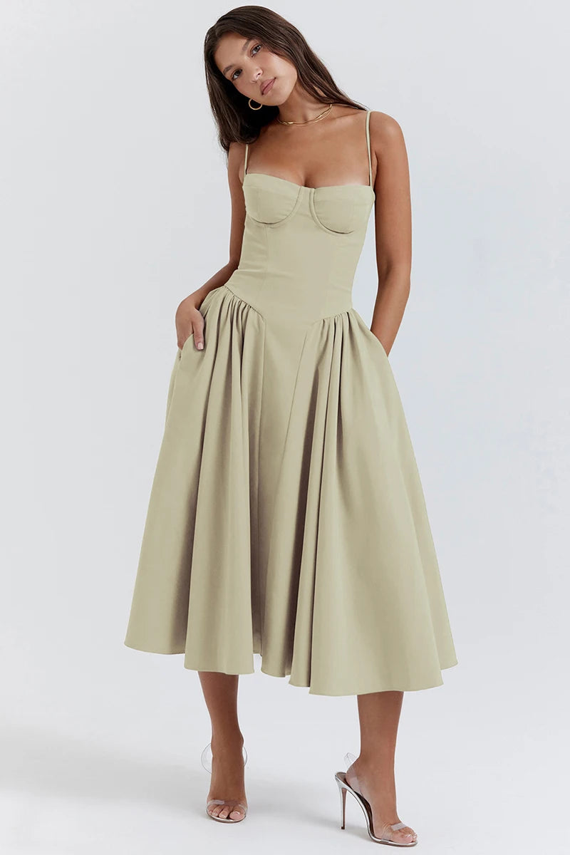 Elegant Spaghetti Strap Midi Dress Women Party Slim A Line Solid Suspender Lady Dresses New Spring Summer Fashion Sexy Vestidos