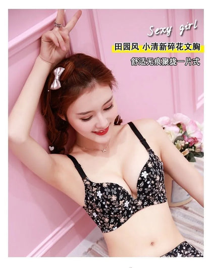 Women Flower Print Seamless Bra Sexy Lingerie Floral Push Up Bras One-Piece Underwear