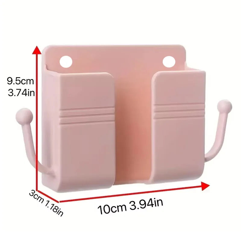 1pc Adhesive Wall Mount Phone Holder With Hooks, Storage Box For Mobile Phone Remote Control, Storage Box For Bedroom, Kitchen