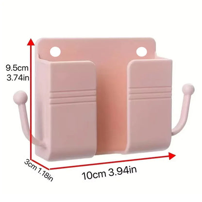 1pc Adhesive Wall Mount Phone Holder With Hooks, Storage Box For Mobile Phone Remote Control, Storage Box For Bedroom, Kitchen