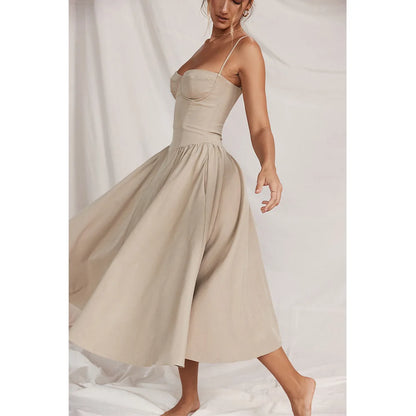 Mingmingxi Elegant Dress for Summer Pink Spaghetti Strap Midi Dress with Pocket Long Party Dresses Holiday Women Clothing