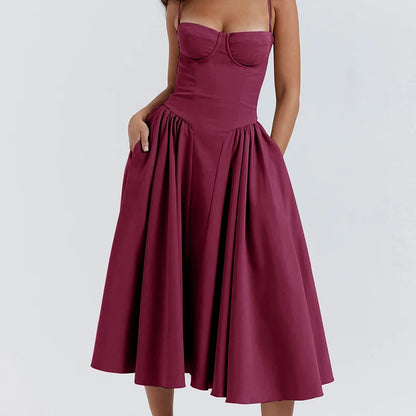 Elegant Spaghetti Strap Midi Dress Women Party Slim A Line Solid Suspender Lady Dresses New Spring Summer Fashion Sexy Vestidos
